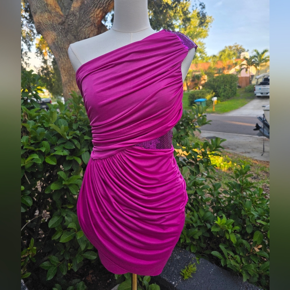 2b Bebe Hot  magenta Pink One Shoulder Sequin Ruched Mini Dress S/M